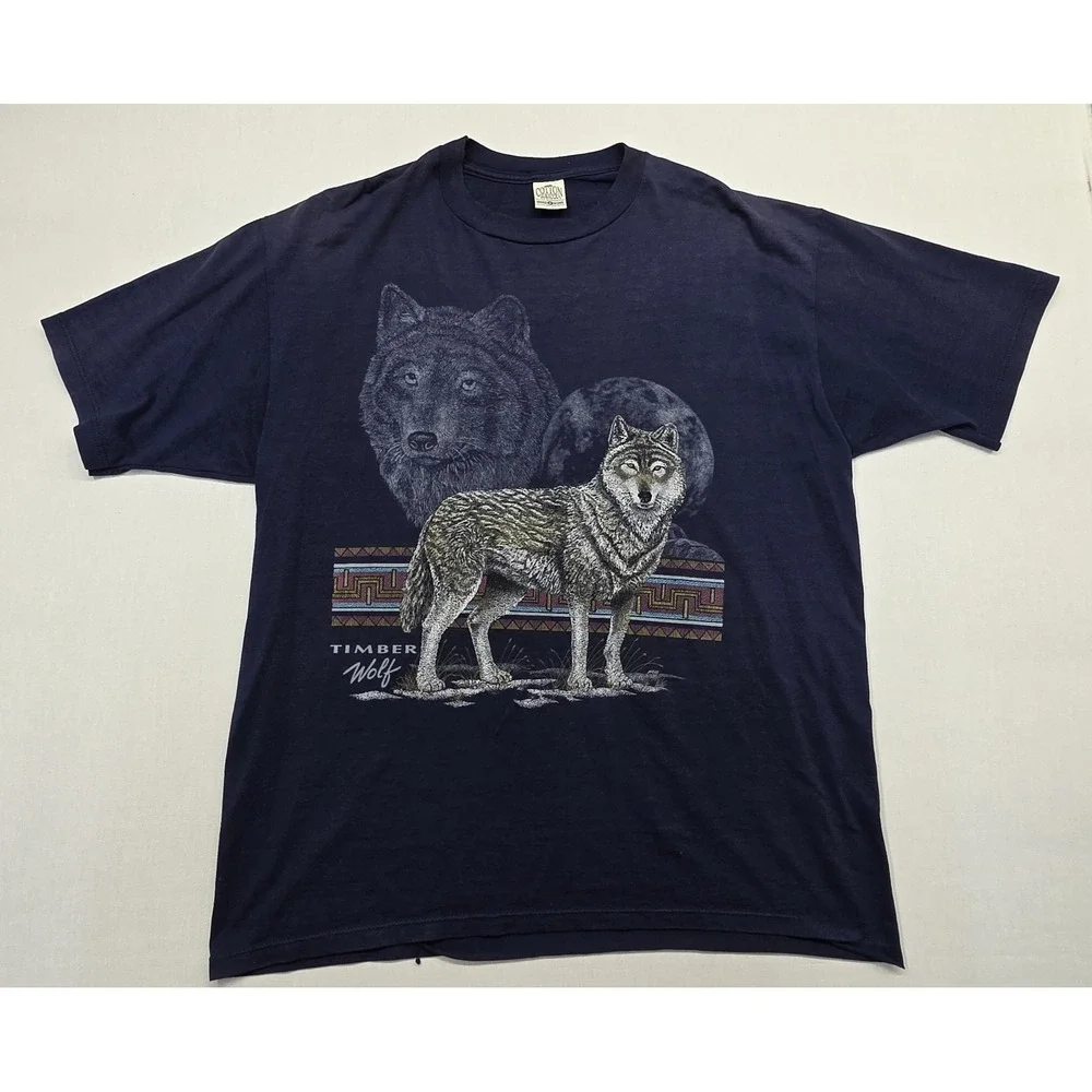 Vintage 90s Timber Wolf T‑Shirt XL Cotton Grove USA Made Wildlife Moon Flaw Seam